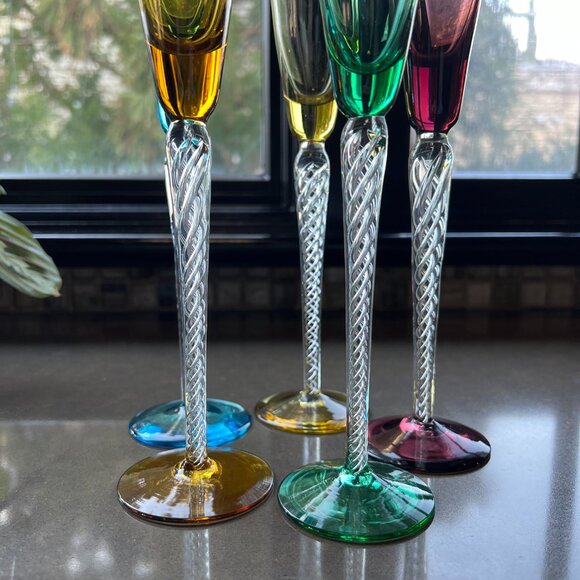 Stuart Lot 5 Long Stem Cordial Flute IONA AIR TRAP SPIRAL TWIST Colorful Crystal - Picture 15 of 16